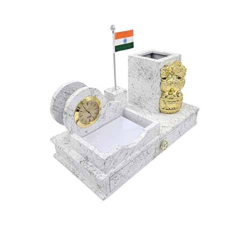 Image of WOOD HOUSE White Marble Look Wooden Pen Stand with Flag - Elegant Desk Organizer for Pens and Office Essentials - Patriotic Flag Accent - Stylish and Functional Home and Office Decor