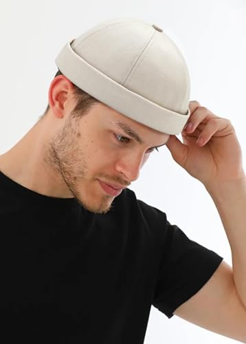 Image of 2 Pcs Mens Brimless Docker Cap Set - Retro Worker Sailor Skull Cap Beanie with Rolled Cuff