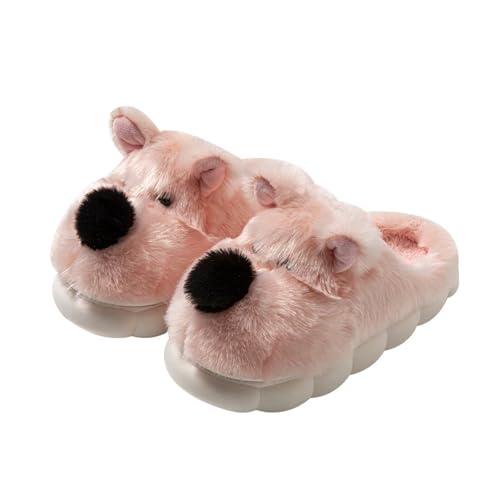 JadeRich Women's Fuzzy Plush Dog Slippers Thick Sole Memory Foam Cartoon Dog Shoes Cushioned Furry Slipper