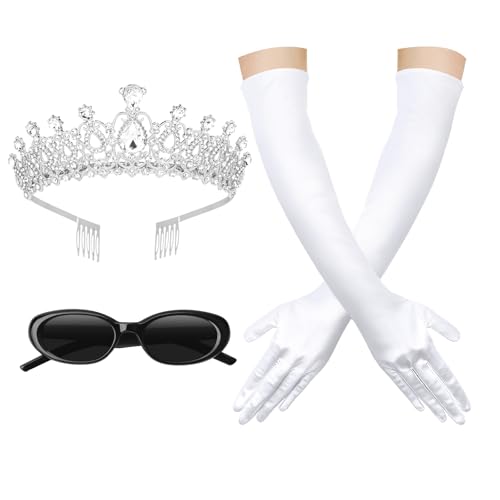 Semato Princess Costume Accessories for Women Princess Bachelorette Party Gifts Crown with White Long Gloves and Sunglasses Set