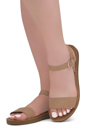 Image of Herstyle Flat Sandals for Women - Open Toe 1 Band Ankle Strap Summer Dressy Sandals, Lightweight Casual Strappy Slip-On Flats with Adjustable Buckle