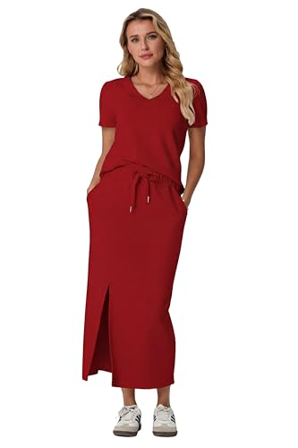 Image of GRECERELLE Women Summer Casual 2 Piece Sets V-Neck Wrinkle-Free Top & Elastic Waist Midi Side Slit Skirt with Pockets