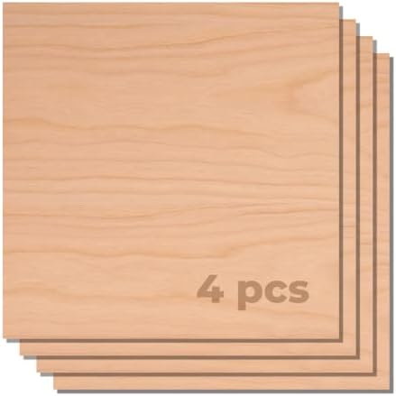 Cherry Plywood 4pcs, 1/4" x 12" x 12" Cherry Unfinished Wood for Crafts, Laser Cutting & Engraving, CNC Cutting, Painting, Fretwork, Kids' Wood Craft Kits & Unfinished Wood Crafts