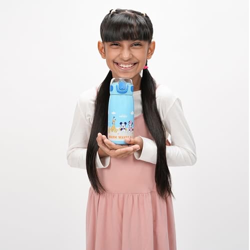 Image of Cello Kidzbee Flare 450 Insulated Stainless Steel Sipper Water Bottle 444 ml, Light Blue | Mickey Family Cartoon Design Hot & Cold Bottle | Vacuum Insulated Leakproof Easy to Carry Bottle for Kids