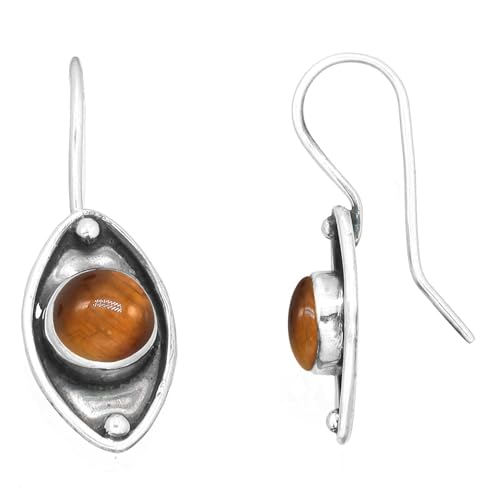 Jeweloporium ブラウン タイガーアイ ドロップ シルバー イヤリング、925 スターリングシルバー イヤリング レディース、天然ラウンドストーン ハンドメイドジュエリー