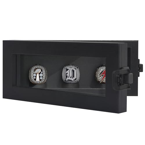 Americanflat 3.5x8 Championship Ring Display Case with Lock and Key - Hold 3 Rings - Black Ring Case for Jewelry Display with Shatter-Resistant Glass - Freestanding or Wall-Mounted Displays for Rings