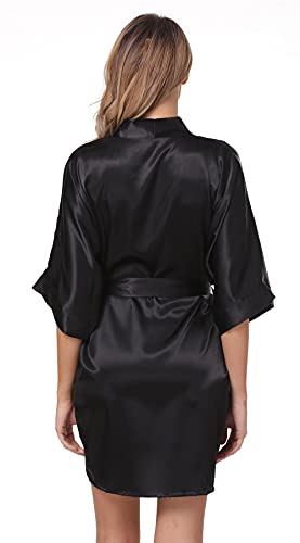 The Bund Women's Pure Colour Short Kimono Robes With Oblique V-Neck, Medium, Black #TOP5