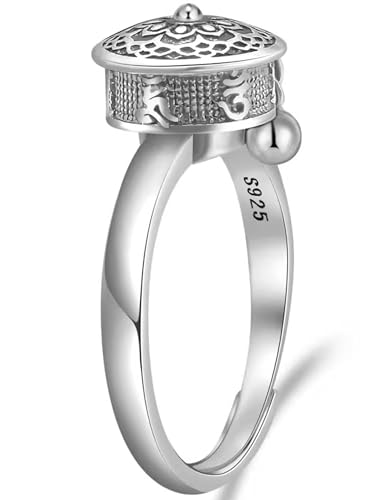 JAJAFOOK 925 Silver Rotating Rings Buddhist Tibetan Prayer Wheel Lotus Ring Good Luck Adjustable Ring