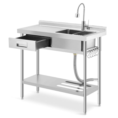 Image of Garvee Stainless Steel Utility Sink with Left Workbench & Drawer, Commercial Freestanding Sink with Faucet, Knife Rack, Storage Shelf & Adjustable Legs for Kitchen Garage Outdoor