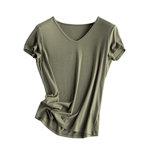 T-shirt en soie d'été col en U haut de gamme et fluide en couleur olive pour homme