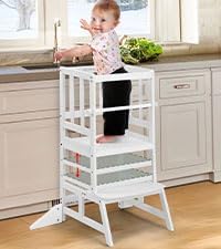 COSYLAND Kids Kitchen Step Stool, Height Adjustable Toddler Standing Tower Nursery Helper with CPC & FSC Certification, Removable Safety Railing Enjoys Exclusive Paten,White