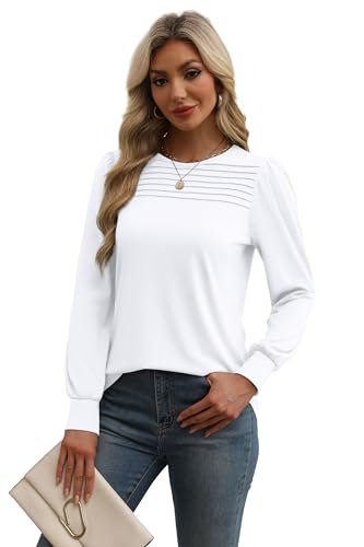 Xieerduo Xieeruo Long Sleeve Shirts For Women Dressy Casual Sweaters Tops Fall Outfits Pleated Front Tunic Tops For Leggings White M thumb #3