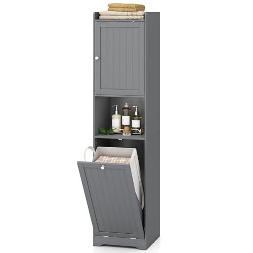 LIFEZEAL Armario de Baño, Armario Alto con Cesta para La Ropa y Estante, Armario Estrecho para Baño con Estantes Ajustables, Armario Multiusos para Salón, Dormitorio (Gris)