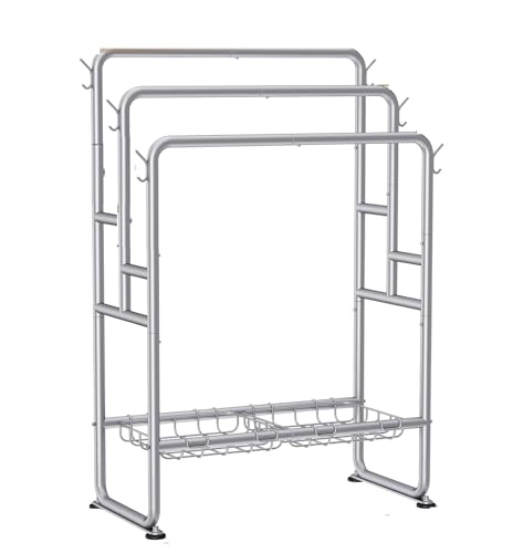 INDIDECOR 58556 Freestanding Towel Rack, 3 Tier with Rustic Brown Wooden Shelf, Industrial Display & Drying Stand Storage Rack with Non-Slip Feet for Living Room, Bathroom, 17.1" L*11" W*32.3" H