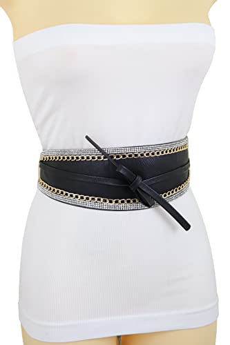 Women Fashion Black Wide Band Wrap Around Tie Belt High Waist Gold Chain Kimono S M4