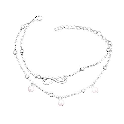 Preisvergleich Produktbild Wikimiu Fußkettchen Damen, Handgemachte Perlen Doppelschicht Fußkette, perfektes Geschenk für Geburtstag Weihnachten Valentinstag (Silber)