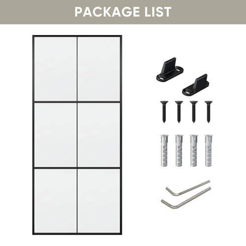 JUBEST 36in x 80in Glass Sliding Barn Door, 3-Panel Black Aluminum Frame and Clear Tempered Glass Modern French Door, Easy to Install (No Sliding Hardware Kit)
