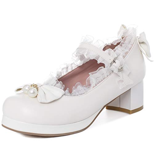 Image of LUXMAX Women Kawaii Mid Block Heel Mary Jane Rockabilly Pumps with Bow Platform Chunky Heel Cute Sweet Shoes
