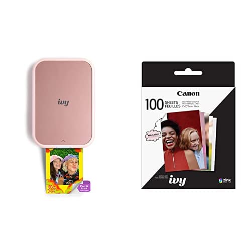 Canon IVY 2 Mini Photo Printer, Print from Compatible iOS & Android Devices, Sticky-Back Prints, Blush Pink + ZINK Photo Paper 100 Sheets Pack - Ivy 2 - Pink - Printer + 100 Sheets
