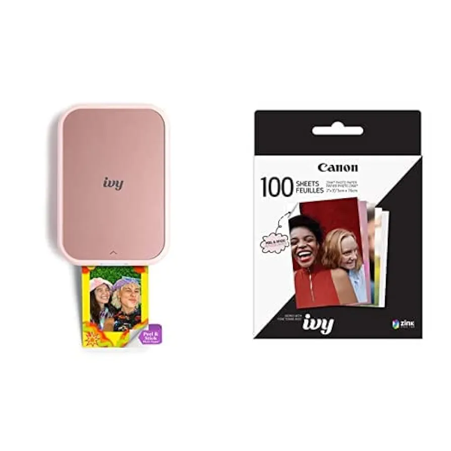 Canon IVY 2 Mini Photo Printer, Print from Compatible iOS & Android Devices, Sticky-Back Prints, Blush Pink + ZINK Photo Paper 100 Sheets Pack