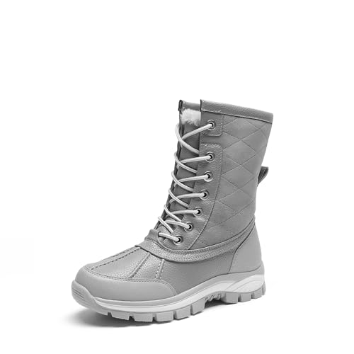 DREAM PAIRS Snow Boots for Women Waterproof Mid Calf Lace Up Duck Boots Warm Faux Fur FuzzyGo Bold Winter Boots for Outdoor,Size 9,Light Grey,SDSB2401W
