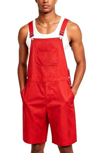 ZenGents Mens Overalls Red Summer Shorts Casual Red Loose Jumpsuits Work Outfits L