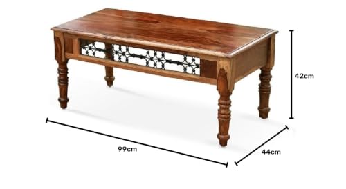 Image of Royaloak Hilton Wooden Coffee Table | Solid Sheesham Wood | Intricate Metal Jaali Work Adds Sophistication | Ample Surface Area | Timeless Center Table | Durable & Long Lasting Coffee Table