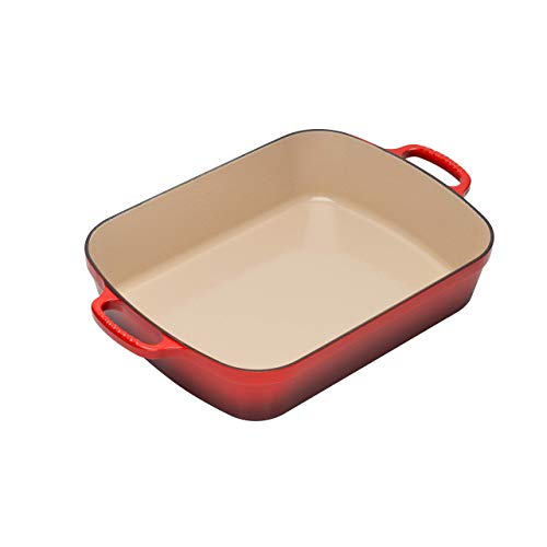 Le Creuset Signature Cast Iron Rectangular Roaster, 5.25-Quart, Cerise (Cherry Red) (Renewed)