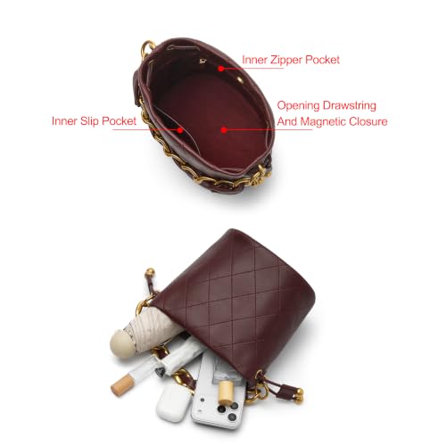 Image of DORIS&JACKY Small Top Handle Bucket Bag, Designer Lambskin Drawstring Crossbody Purse with Chunky Chain Tote Strap