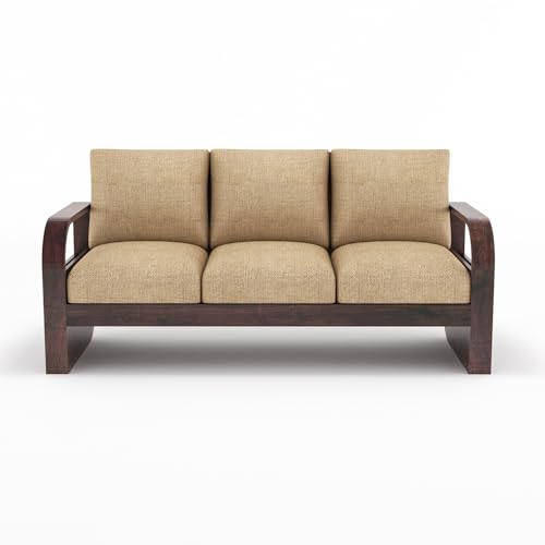 Image of Solid Sheesham Wood 5 Seater Sofa Set | Wooden Sofa Set for Your Living Room with Brown Cushions (3+1+1 Walnut Finish)
