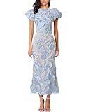 Women's 3D Floral Embroidery Dress Ruffle Sleeve Fishtail Lace Bodycon Party Cocktail Mixi Dress (US, Alpha, Medium, Regular, Regular, Sky Blue)