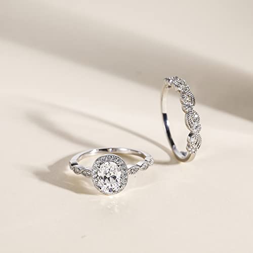 Eamti 1.5Ct 925 Sterling Silver Bridal Rings Sets Oval Cubic Zirconia Halo Cz Engagements Rings Wedding Bands For Women Promise Rings For Her Size 7 #TOP2