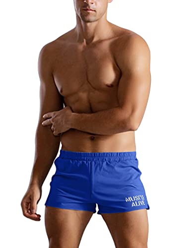 Muscle Alive Hombres Gimnasio Culturismo Rutina de Ejercicio Men Pantalones Cortos Algodón Style A Azul, 3 Inseam Thin Fabric Without Pockets L