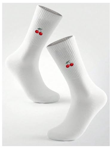 Women's Cherry Embroidery Crew Socks Soft Cute Calf Socks for Daily Wear3