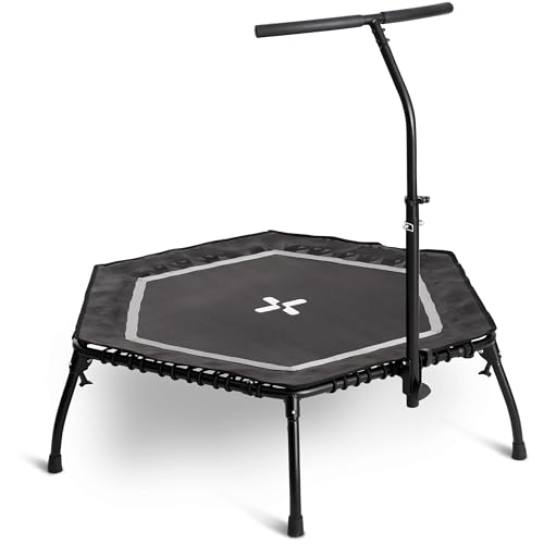 SportPlus Fitness Trampolin Indoor für Zuhause, Trampolin mit Haltestange höhenverstellbar, Gummiseilfederung, Workout & Cardiotraining, Premium-Qualität Designed in Germany 130kg