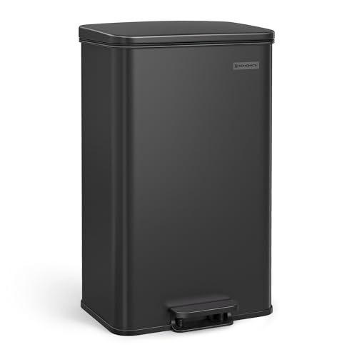 SONGMICS Kitchen Trash Can, 10.5 Gallon (40 L) Garbage Can, Large Step Trash Bin with Lid, Stainless Steel, Soft Close, 15 Trash Bags Included, Black ULTB540B40
