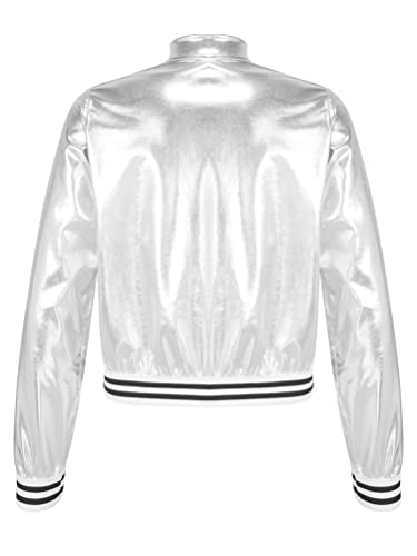Aislor Kids Girls Shiny Baseball Jacket Long Sleeve Sparkle Metallic Zipper Bomber Jacket Coat Outerwear Clubwear4