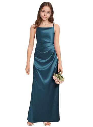 dideyttawl A-Line Junior Bridesmaid Dress Square Neck Pleated Stretch Satin Flower Girl Dress 2520