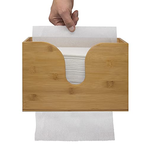 Bamboo Paper Towel Dispenser, Paper Towel Holder Wall Mount & Countertop for Kitchen and Restroom Decor - Holds Multifold Paper Towel, C Fold, Trifold Hand Tissue Napkins.