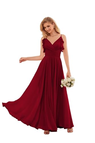 YUAOHUANG Women Chiffon Bridesmaid Dress Flowy Spaghetti Straps V Neck Corset Ruched Ruffle Sleeves Wedding Guest Dresses
