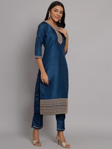 Image of VredeVogel Women's Silk Blend Embroidered Kurta with Pant & Nazneen Dupatta Set