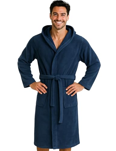 Morgenstern Bademantel Herren mit Kapuze aus Frottee in Blau, Marine, L