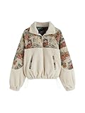 CIDER Sweatshirt For Women Fleece Collar Floral Cat Oversized Pullover Cute Animal Print Long Sleeve Casual Top Beige