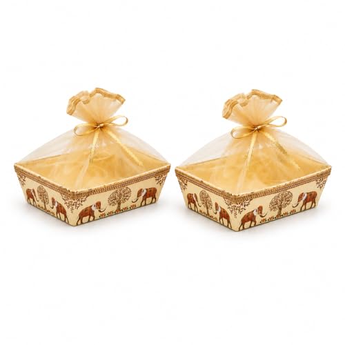 Fancy Baskets 2 Small Rectangle Dry Fruit Gifting Basket, Wedding Hamper Basket, Golden Festive Gifting, wedding return gift, Net Material, Pack of 2