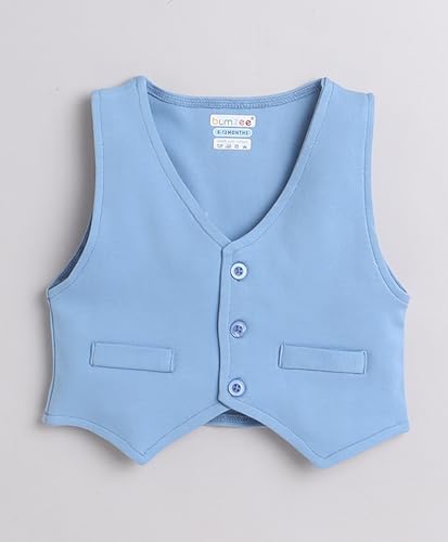 Image of BUMZEE boys Regular Fit Full Sleeves Collar Neck Cotton Shirt Waistcoat & Pant Set With Applique Bow