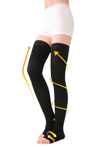 Image of TOFLY Thigh High Compression Socks for Women & Men (Pair), Open Toe, Opaque, Firm Support 30-40mmHg Graduated Compression Hose, Medical Compression Stockings for Varicose Veins, Edema, DVT,Black XL