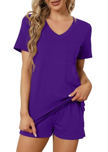 Image of RUBZOOF Women's Short Sleeve Pajama Sets with Pockets Casual V Neck 2 Piece Lounge Sets S-3XL
