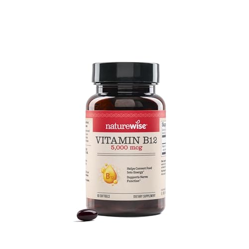 NatureWise Vitamine B12 5000 mcg - Extra sterkte - Supplement voor het ondersteunen van energieniveaus, geestelijke helderheid, zenuwstelsel gezondheid - Gemakkelijk doorslikken, soja en glutenvrije, niet-GMO - 60 Softgels