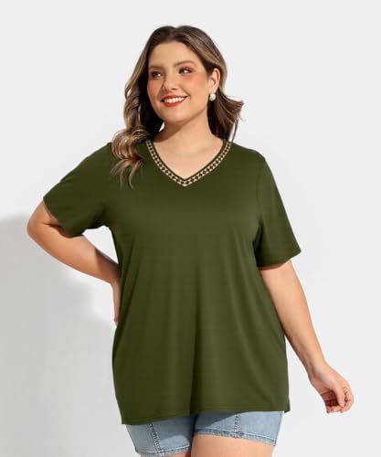 Image of RITERA Women Plus Size Tops Tie Dye V Neck Shirt Floral Camo Summer Short Sleeve Tunic Oversized Ladies Blouse XL-5XL