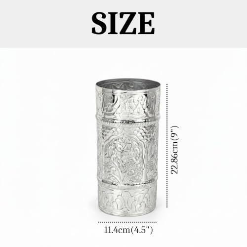 Image of Cylindrical Shape Aluminum Flower Vase for Home Decor, Traditional Embossed Metal Flower Pot for Office Table Decorations, Modern vases, Gift for Festival, 9 inches, German Silver